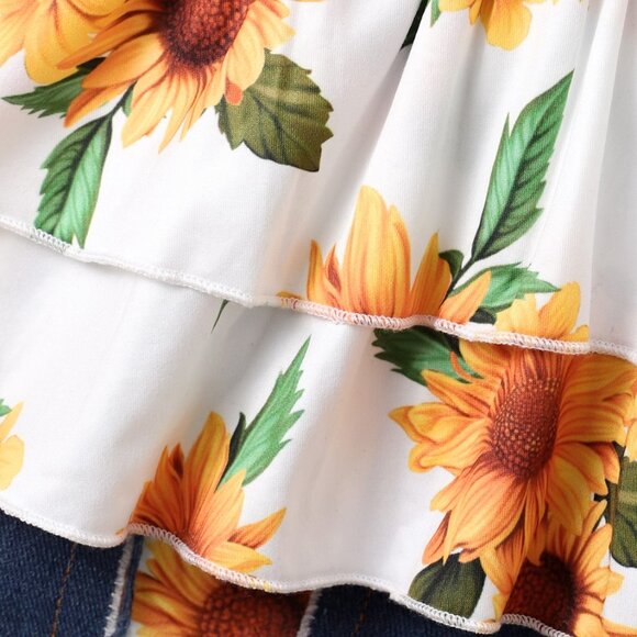 2T 3T Baby Girl Sunflower Outfit Set | Ruffle Sleeve Top + Denim (9-12M, 2T, 3T) - Picture 3 of 10